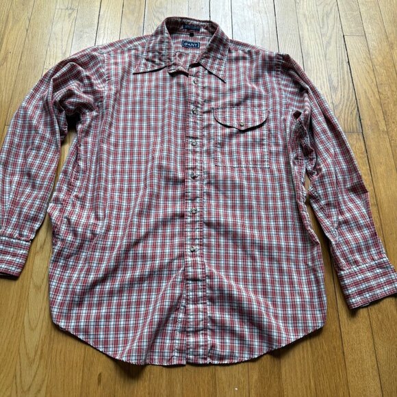 Vintage GANT Size L Red Plaid Tailored Roll Tab Long Sleeve Button Down Shirt - Picture 2 of 15